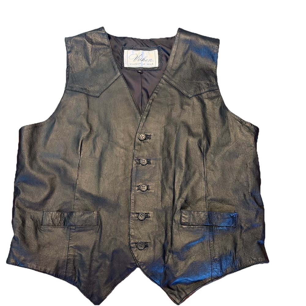 Vintage Vichen USA Black Leather Motorcycle Biker Vest Men's Size XL